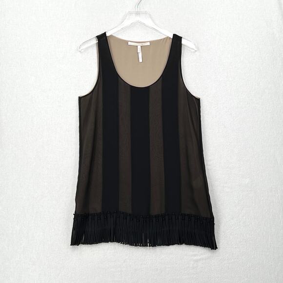 SCHUMACHER Fringe Trim Tunic Tank Top Women M Black Sheer Stripe Silk Scoop Neck - Picture 2 of 13